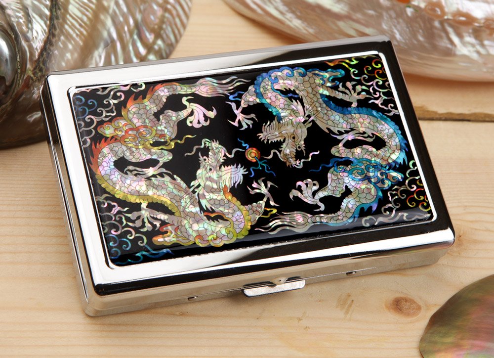 Antique Alive Cigarette Case Mother of Pearl Dragon Design Extra